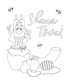 Rosh Hashanah coloring page featuring Super Torah characters - Jewish New Year printable PDF download
